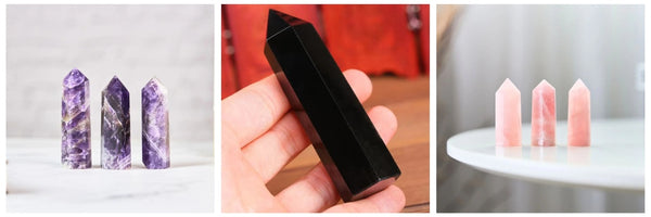 Crystal chakra wand placed on a healing crystal grid for spiritual energy work