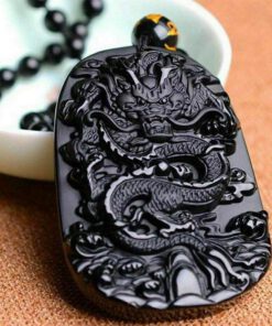 Natural Black Obsidian Dragon Necklace - Protection, Luck, Success